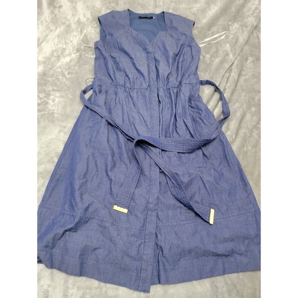 Ellen Tracy chambray, lined, pockets, Sleeveless, Button Up,‎ Belted Dress sz 8 - Picture 1 of 8